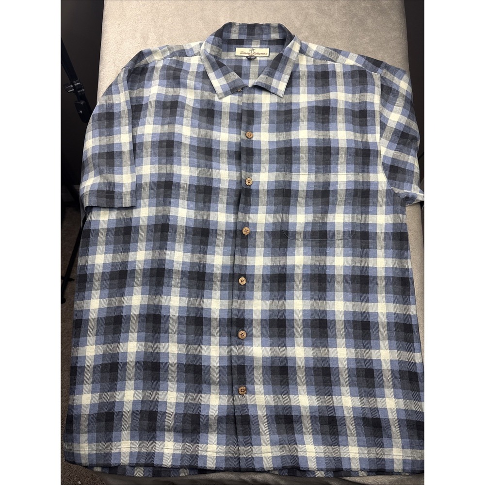 Tommy Bahama Men Med 100% Silk Short Sleeve Button Up Blue Plaid Geometric EUC
